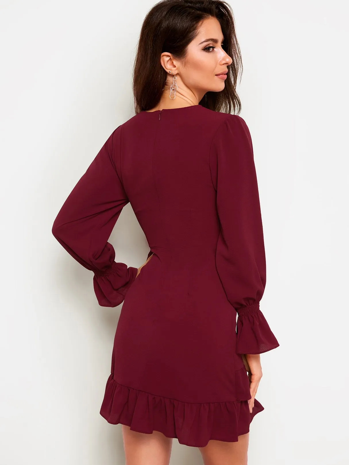Wholesale Burgundy Round Neck Plain Self-Tie Flounced Hem Sexy Dress