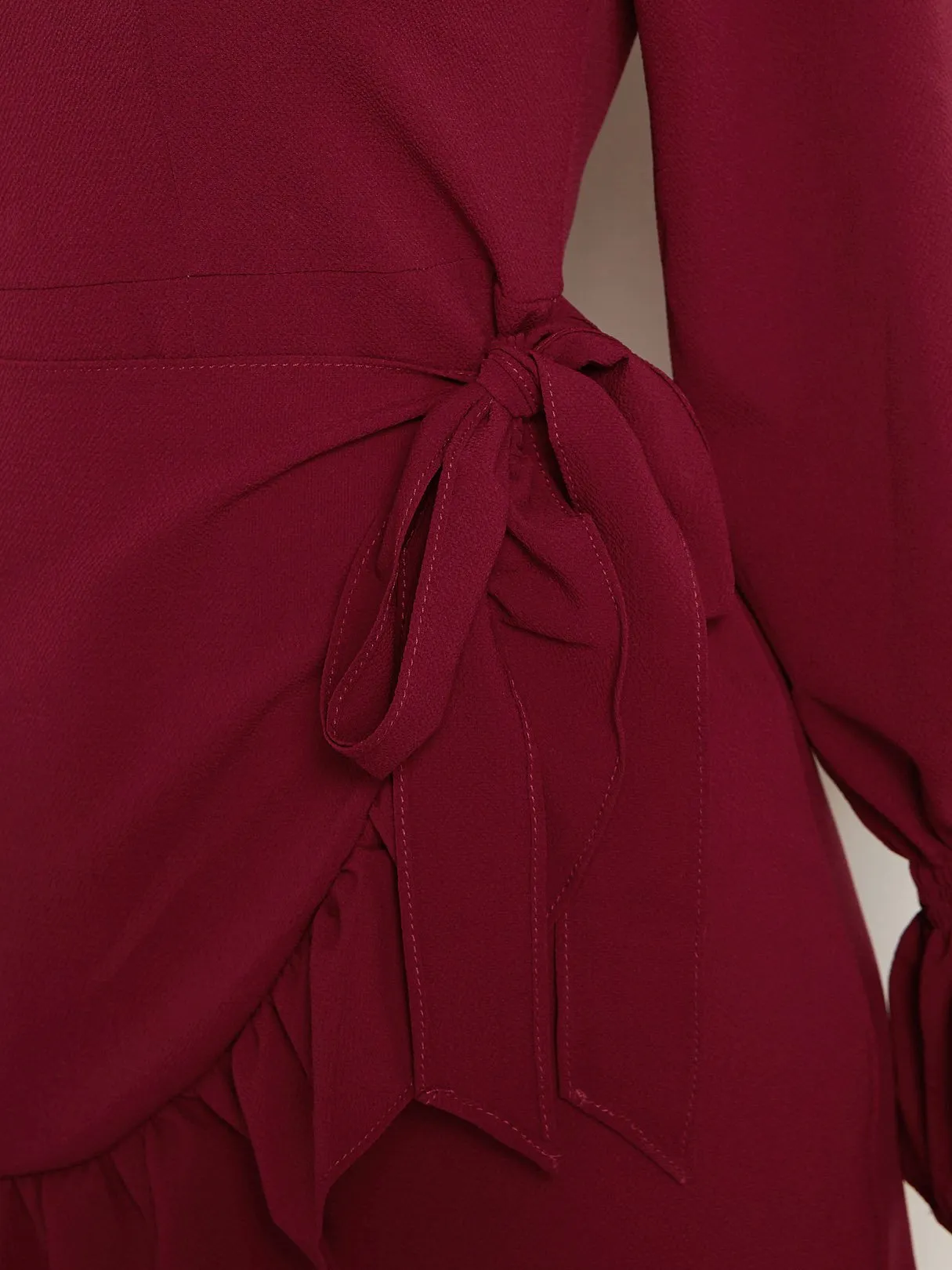 Wholesale Burgundy Round Neck Plain Self-Tie Flounced Hem Sexy Dress