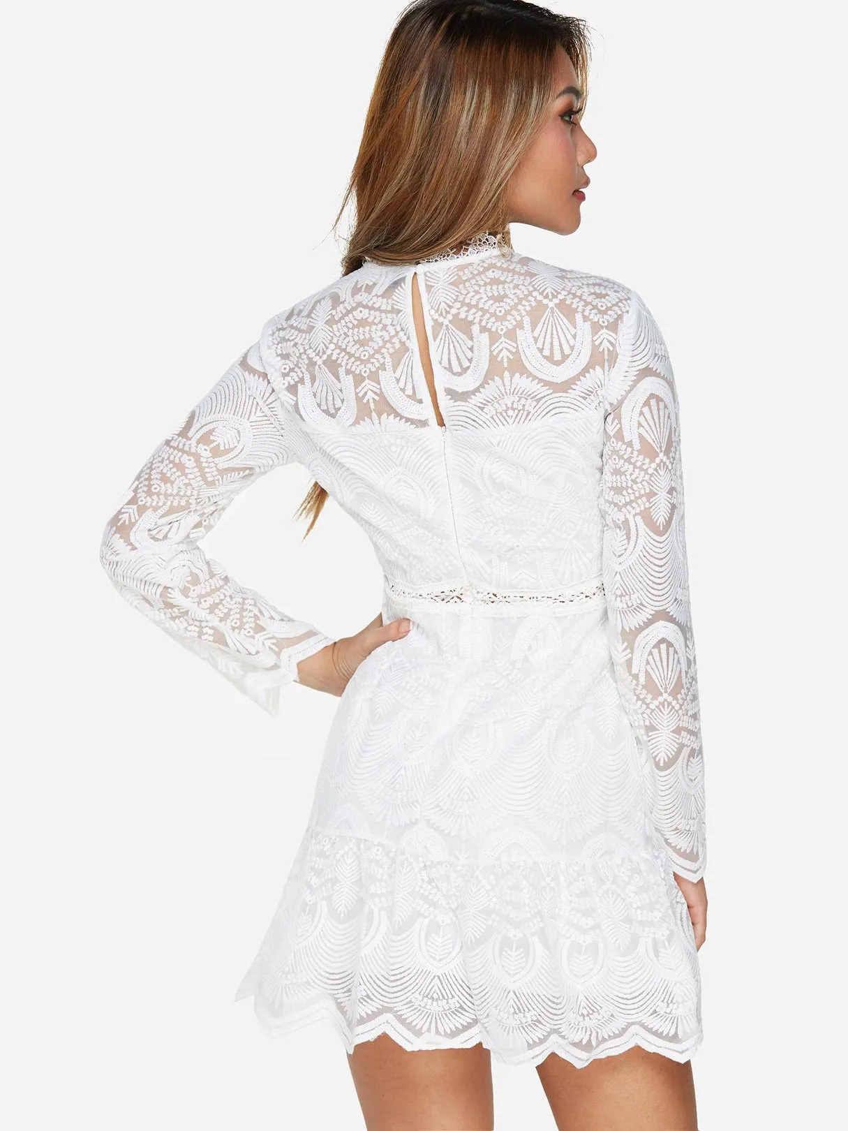 Wholesale Crew Neck Lace Zip Back Hollow Long Sleeve White Sexy Dresses