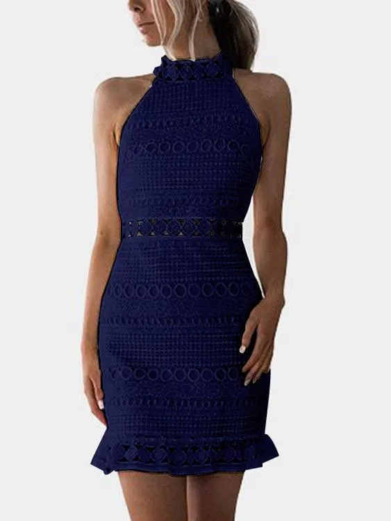 Wholesale Crew Neck Sleeveless Lace Zip Back Cut Out Sexy Dress