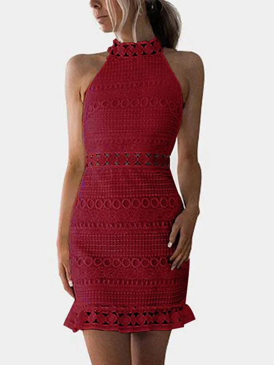 Wholesale Crew Neck Sleeveless Lace Zip Back Cut Out Sexy Dress