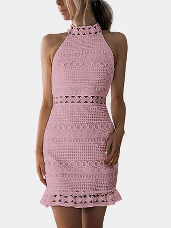 Wholesale Crew Neck Sleeveless Lace Zip Back Cut Out Sexy Dress