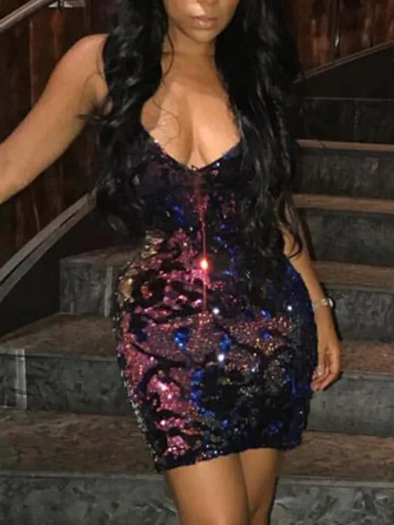 Wholesale Deep V Neck Sleeveless Backless Lace-Up Sequins Embellished Spaghetti Strap Bodycon Sexy Dress