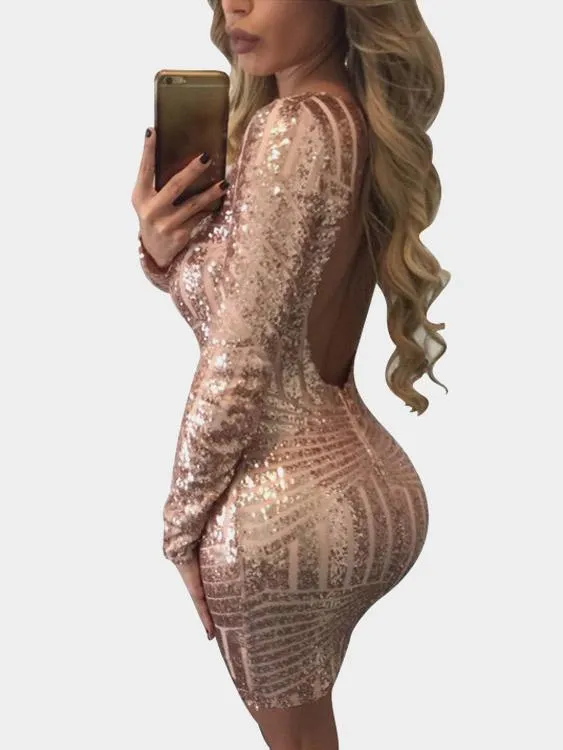 Wholesale Gold Crew Neck Long Sleeve Zip Back Backless Bodycon Sexy Dress