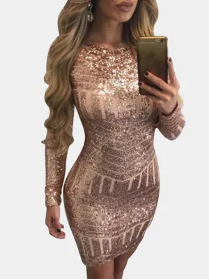 Wholesale Gold Crew Neck Long Sleeve Zip Back Backless Bodycon Sexy Dress