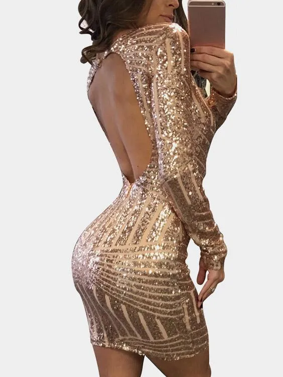 Wholesale Gold Crew Neck Long Sleeve Zip Back Backless Bodycon Sexy Dress