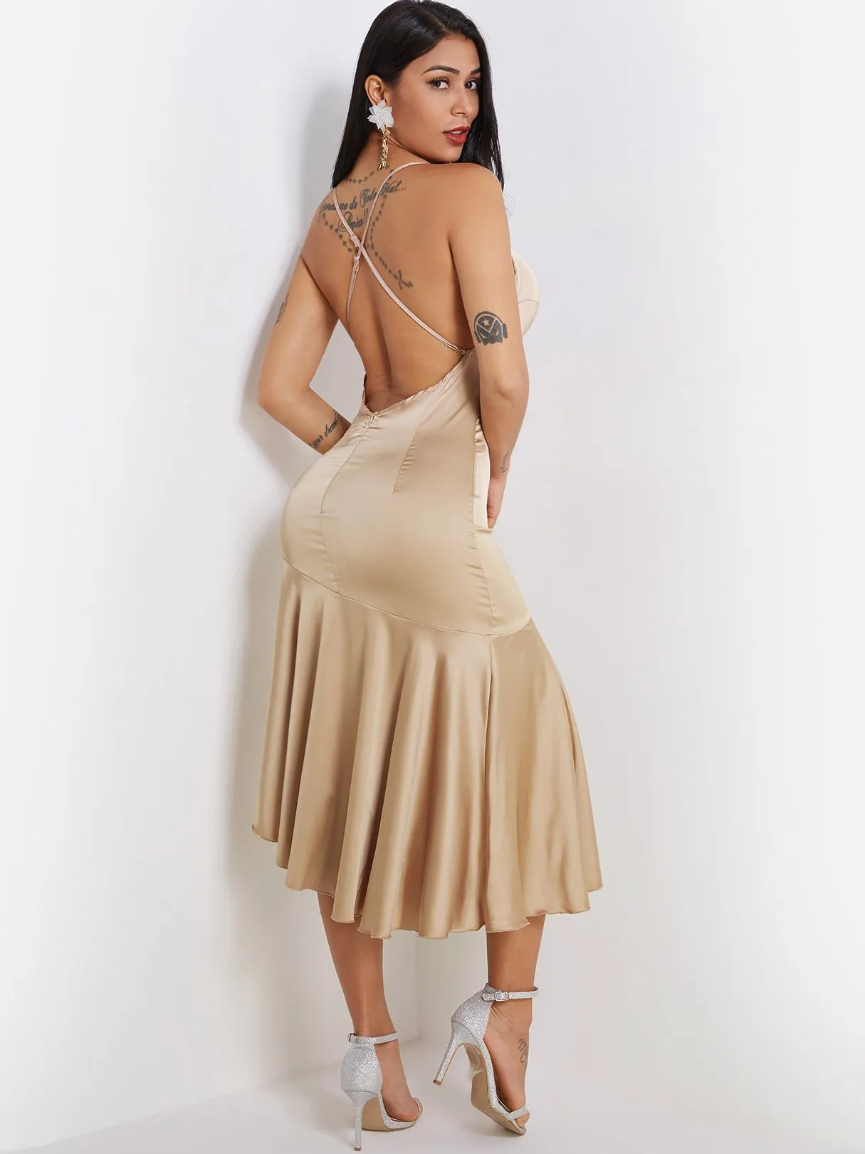 Wholesale Khaki Halter Sleeveless Plain Backless Cut Out Flounced Hem Sexy Dresses