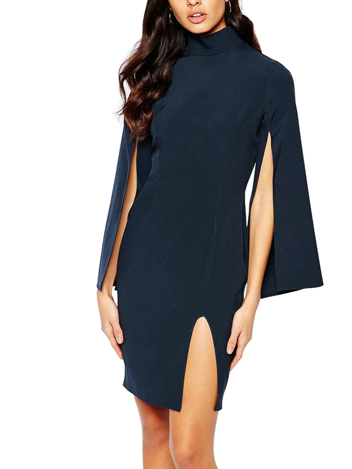 Wholesale Navy Roll Neck Zip Back Slit Hem Sexy Dress