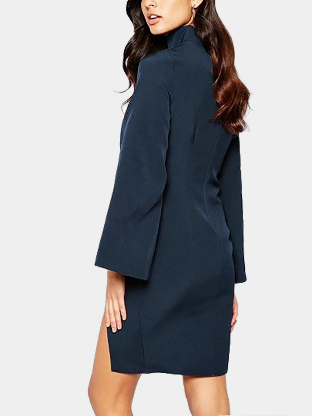 Wholesale Navy Roll Neck Zip Back Slit Hem Sexy Dress