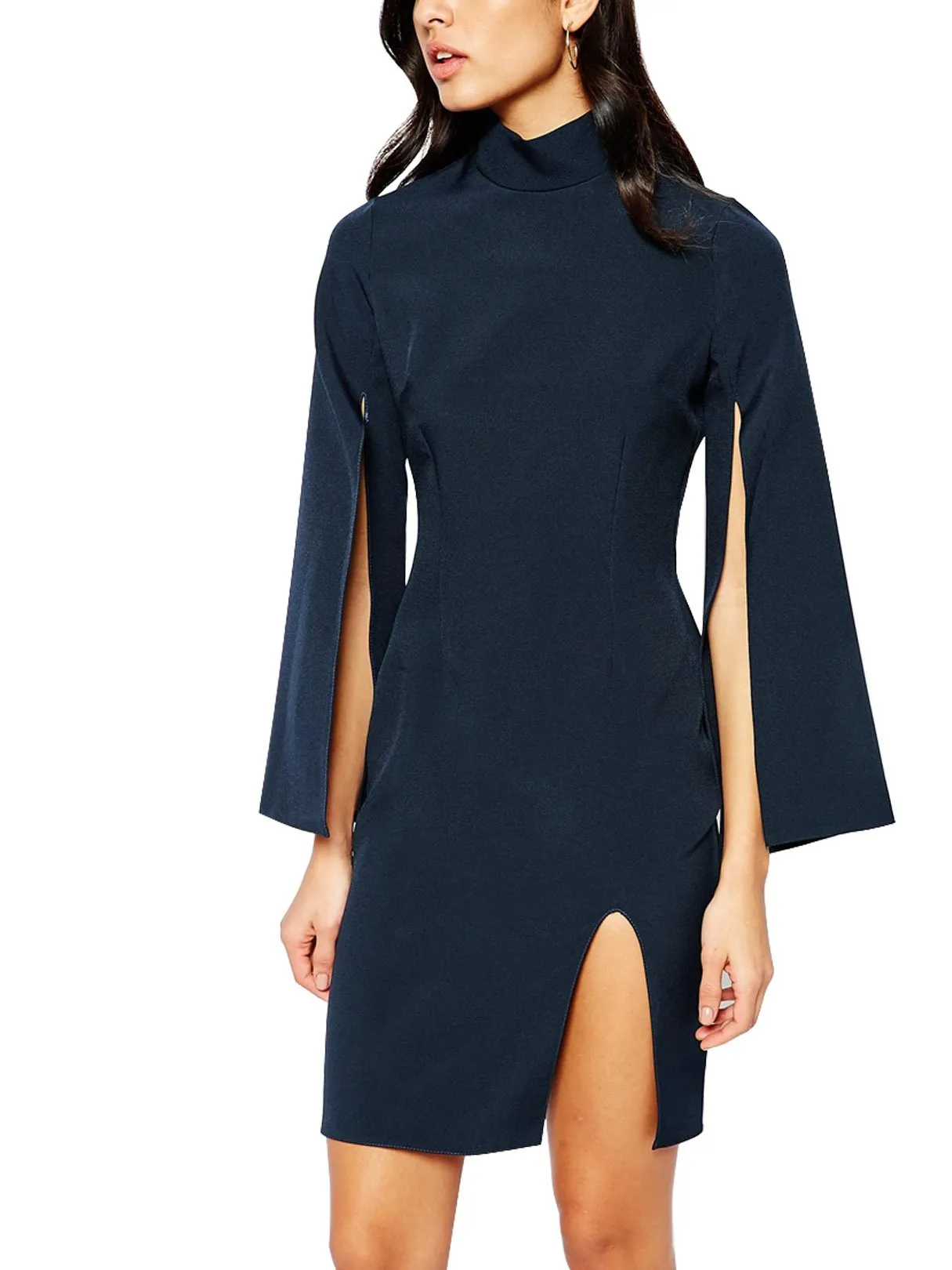Wholesale Navy Roll Neck Zip Back Slit Hem Sexy Dress