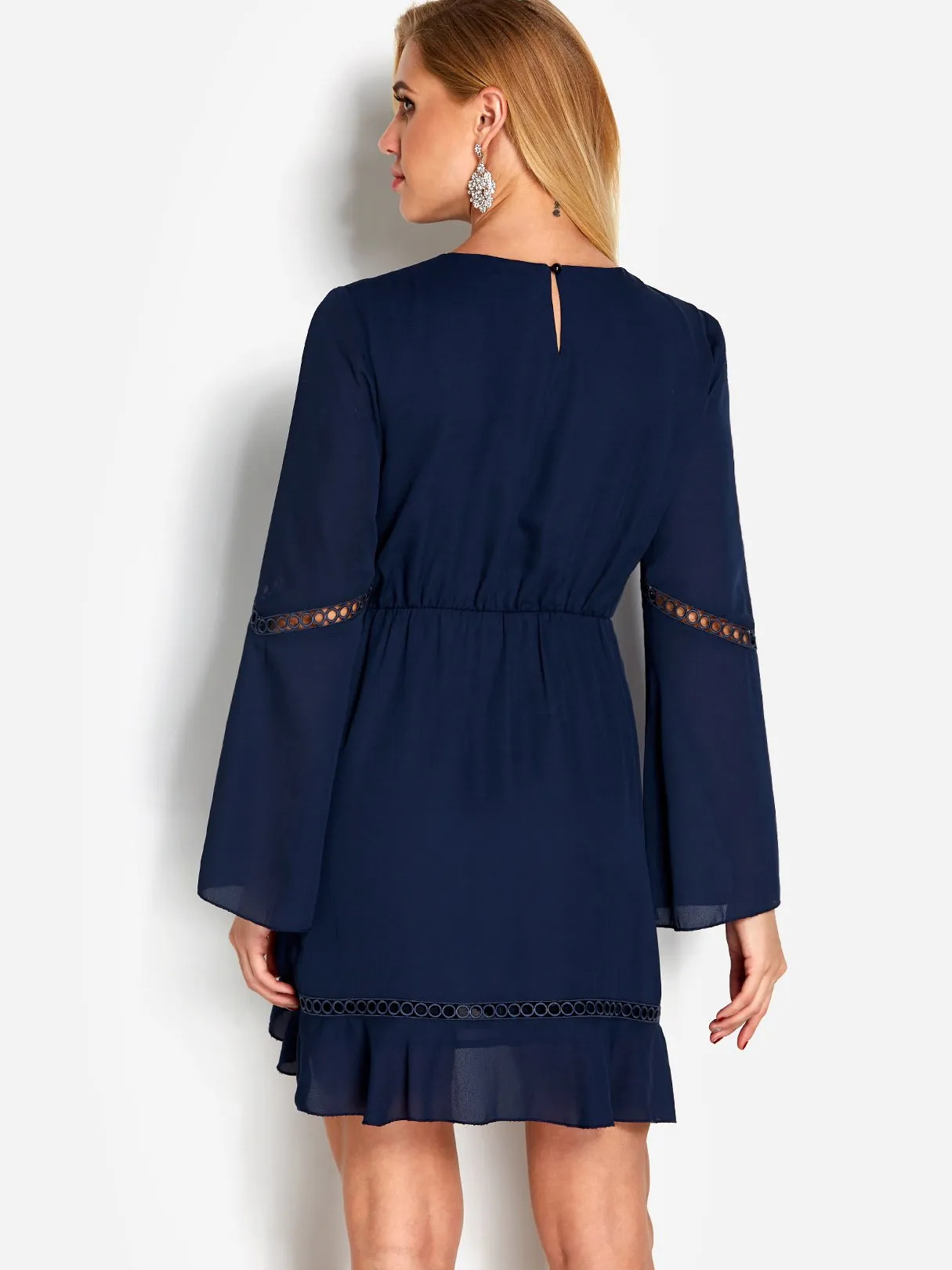 Wholesale Navy Round Neck Long Sleeve Wrap Sexy Dress