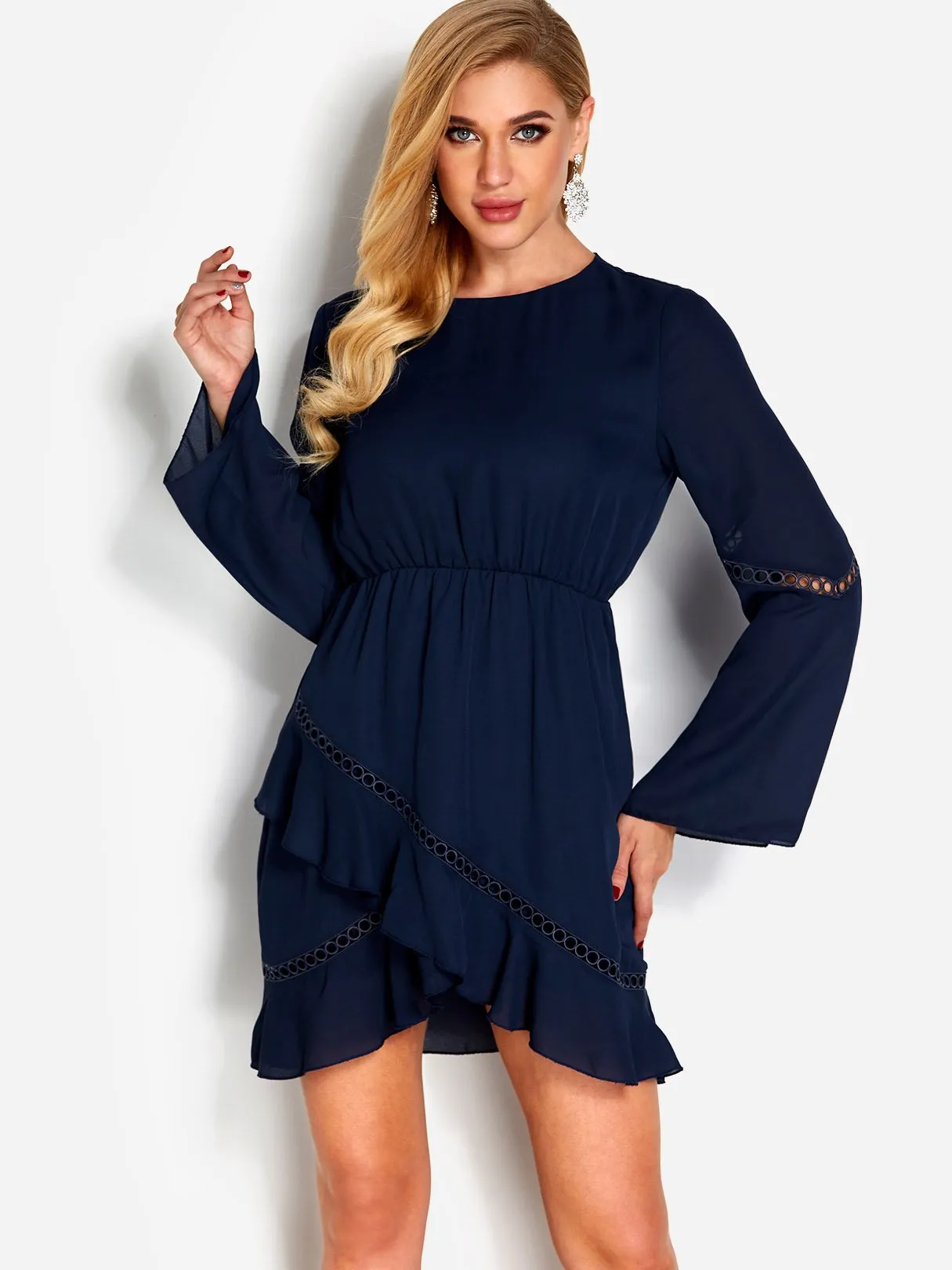 Wholesale Navy Round Neck Long Sleeve Wrap Sexy Dress