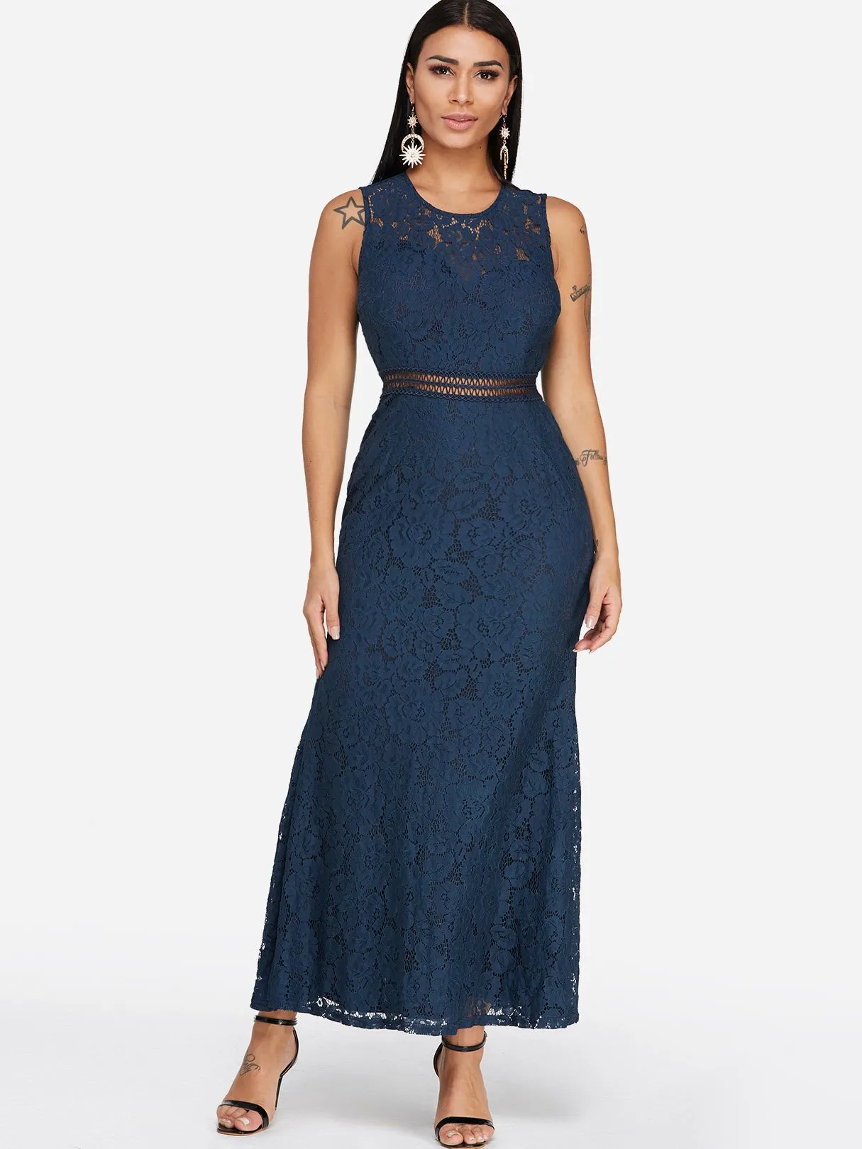 Wholesale Navy Round Neck Sleeveless Lace Hollow Pleated Ruffle Hem Sexy Dress