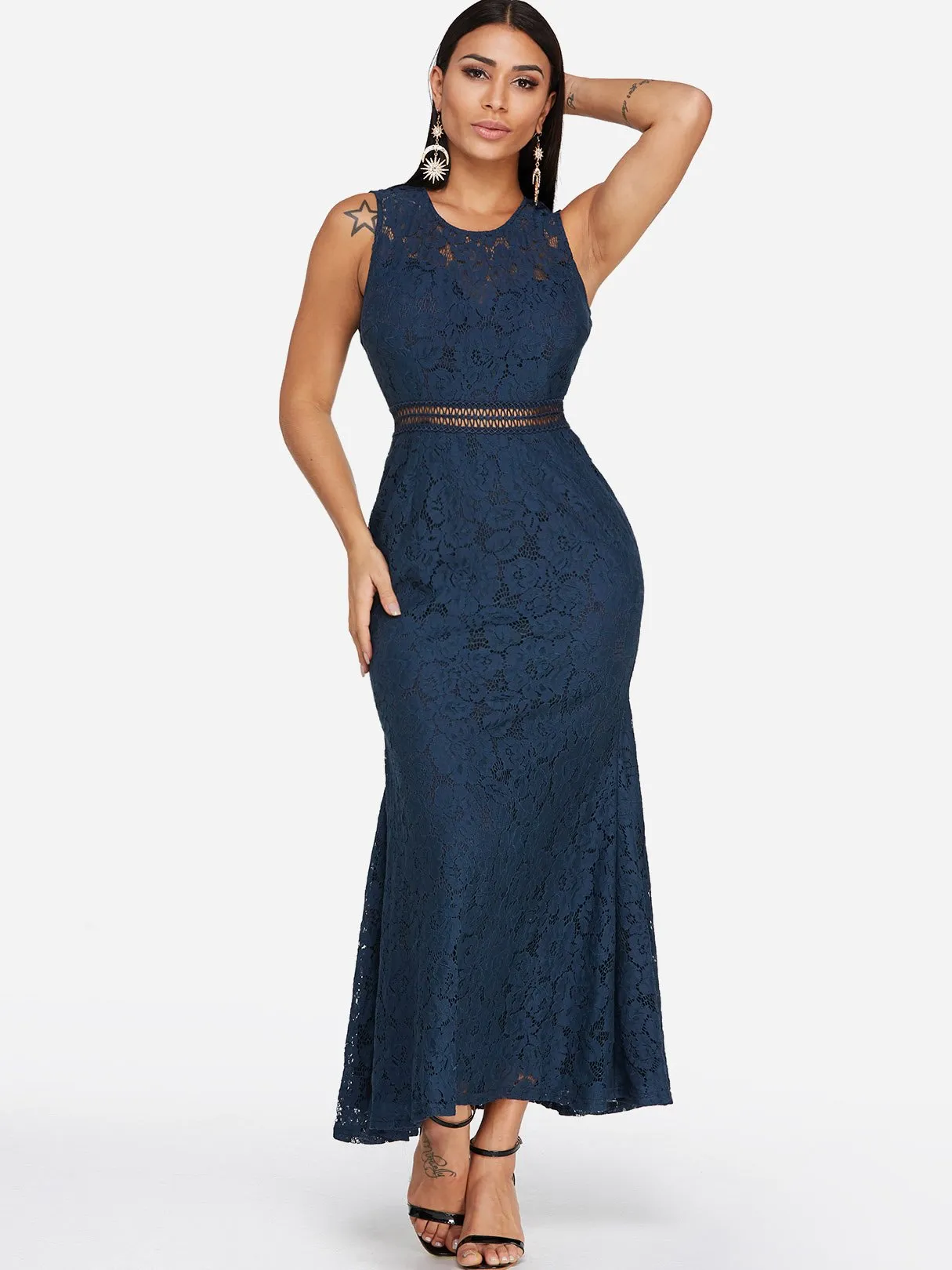 Wholesale Navy Round Neck Sleeveless Lace Hollow Pleated Ruffle Hem Sexy Dress