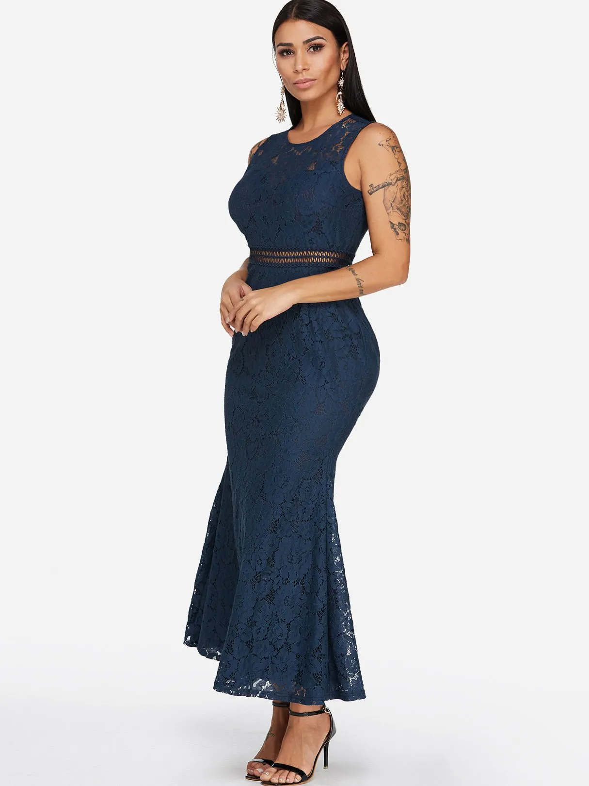 Wholesale Navy Round Neck Sleeveless Lace Hollow Pleated Ruffle Hem Sexy Dress
