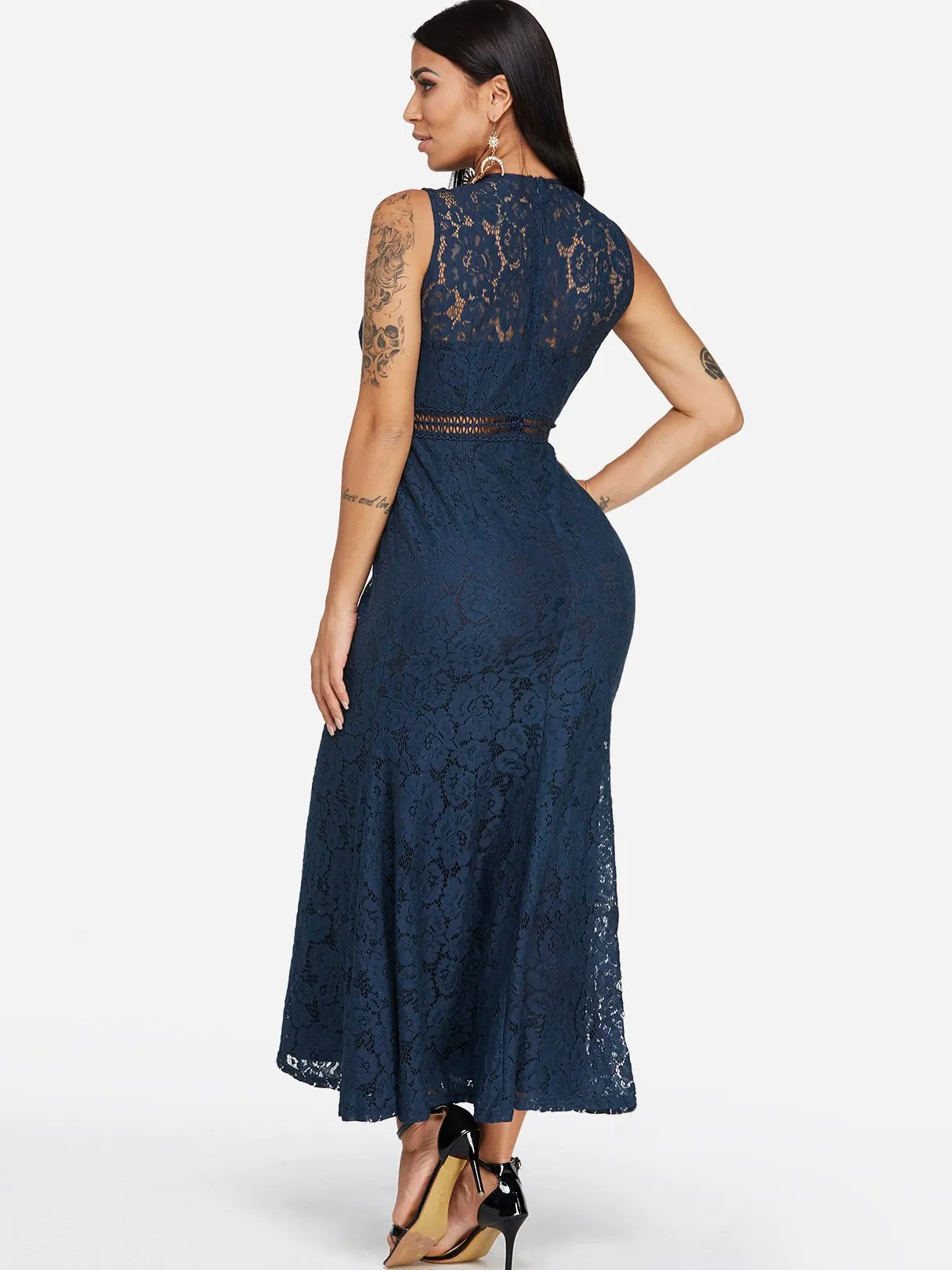 Wholesale Navy Round Neck Sleeveless Lace Hollow Pleated Ruffle Hem Sexy Dress