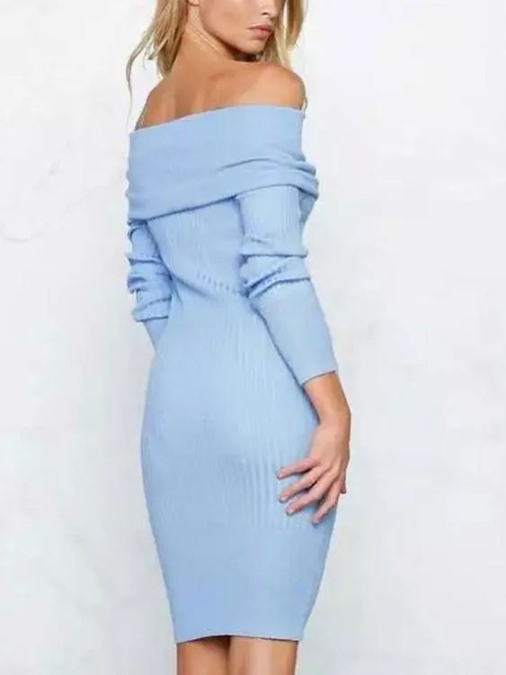 Wholesale Off The Shoulder Backless Long Sleeve Blue Sexy Dresses