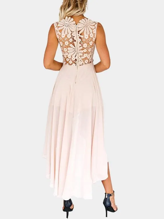 Wholesale Pink Crew Neck Sleeveless Embroidered Lace Hollow Irregular Hem High-Waisted Sexy Dress