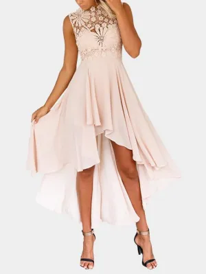 Wholesale Pink Crew Neck Sleeveless Embroidered Lace Hollow Irregular Hem High-Waisted Sexy Dress