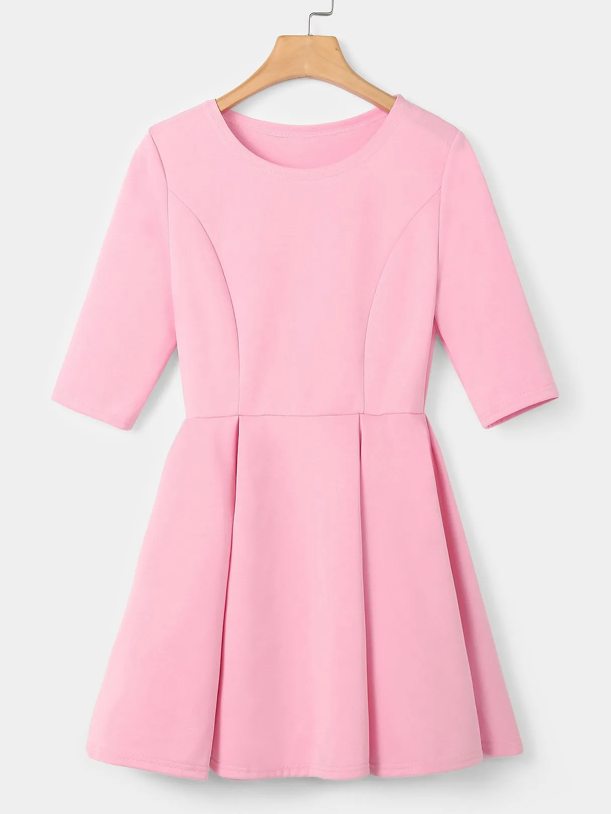 Wholesale Round Neck Plain Pleated Half Sleeve Ruffle Hem Pink Sexy Dresses