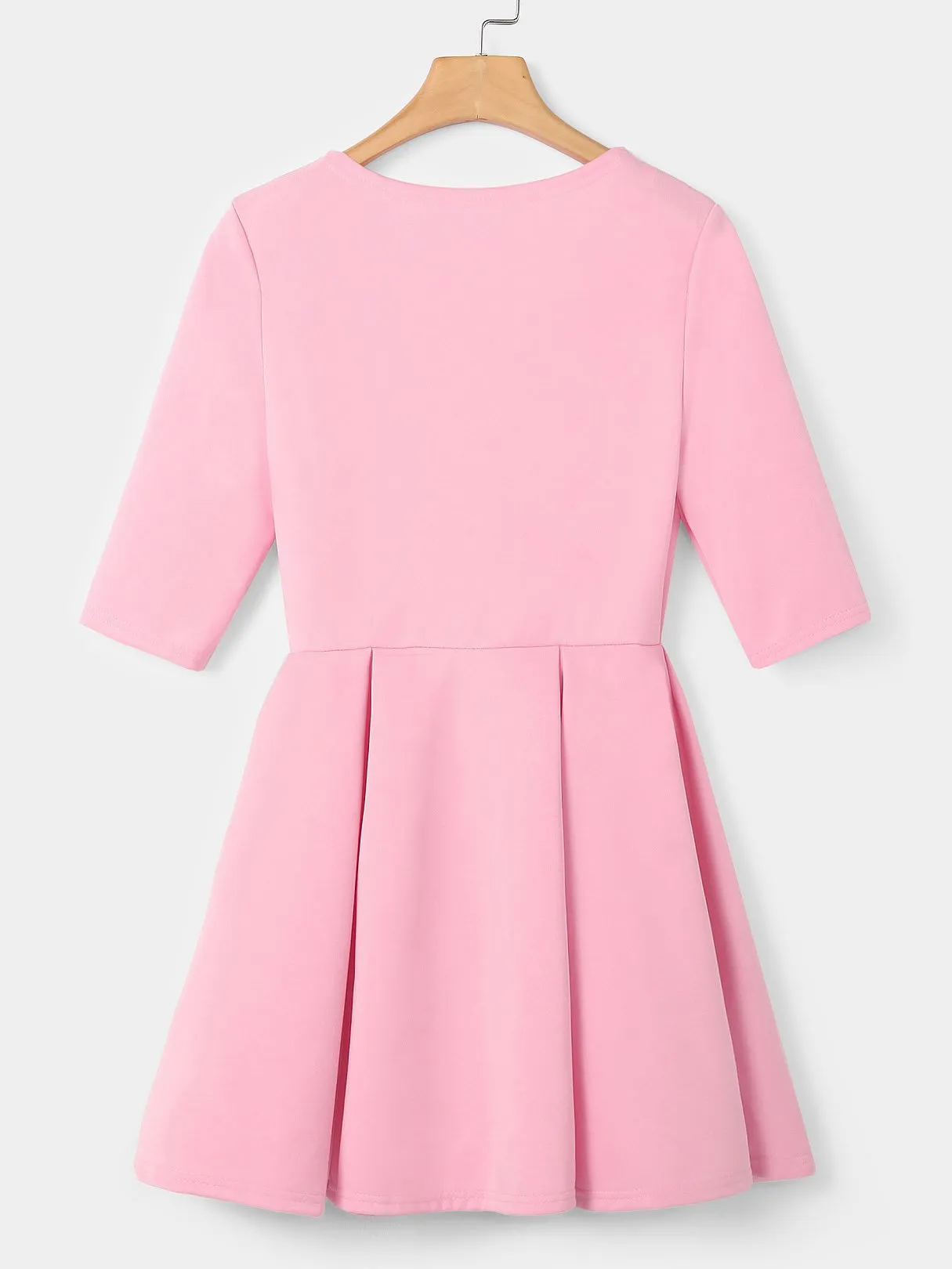Wholesale Round Neck Plain Pleated Half Sleeve Ruffle Hem Pink Sexy Dresses
