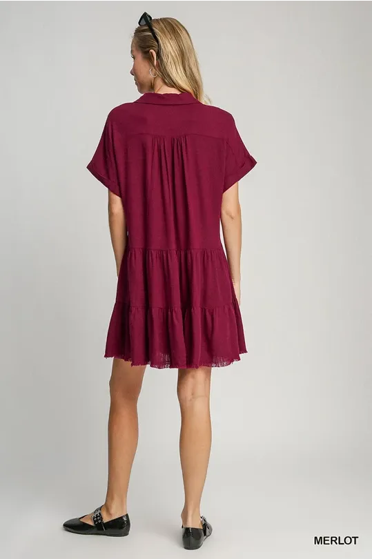 Wine linen folded sleeve tiered dress