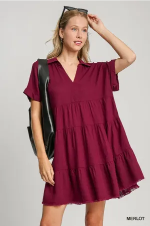 Wine linen folded sleeve tiered dress