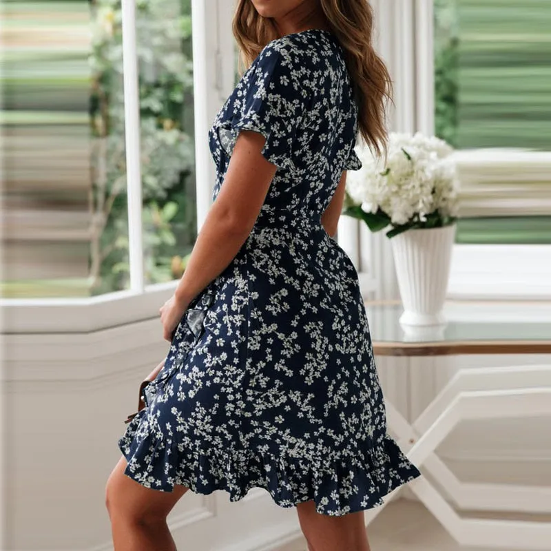 Women Dresses Sexy V Neck Floral Print
