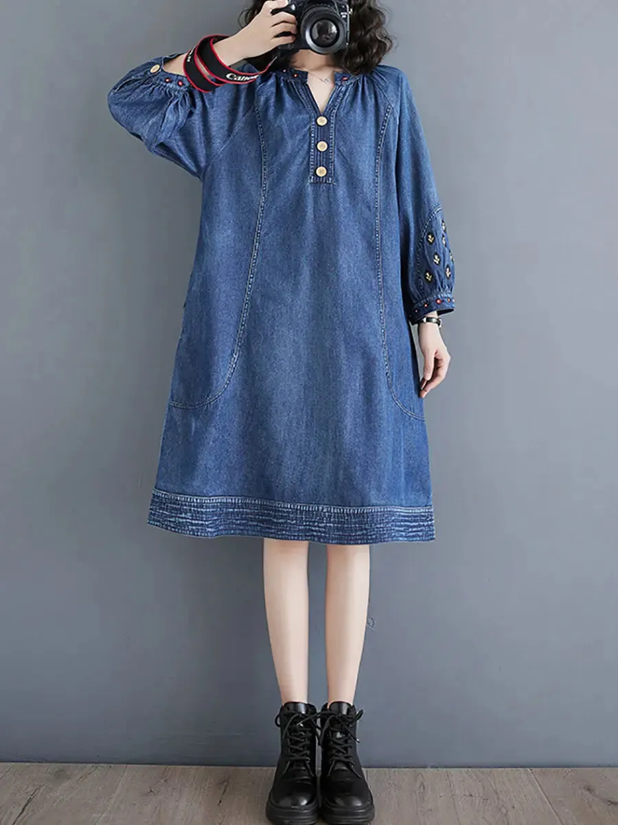 Women Embroidery Loose Denim Dress