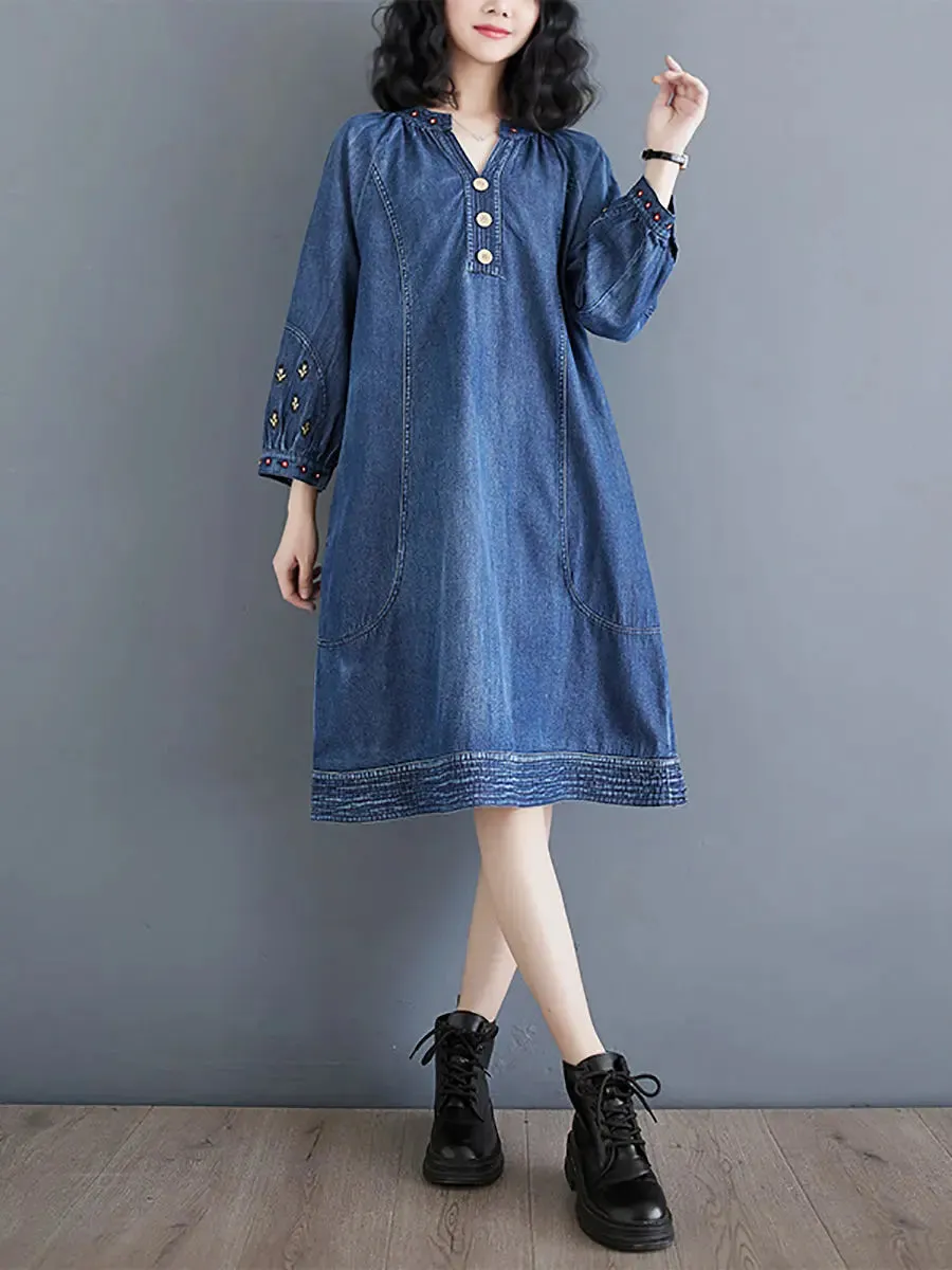Women Embroidery Loose Denim Dress