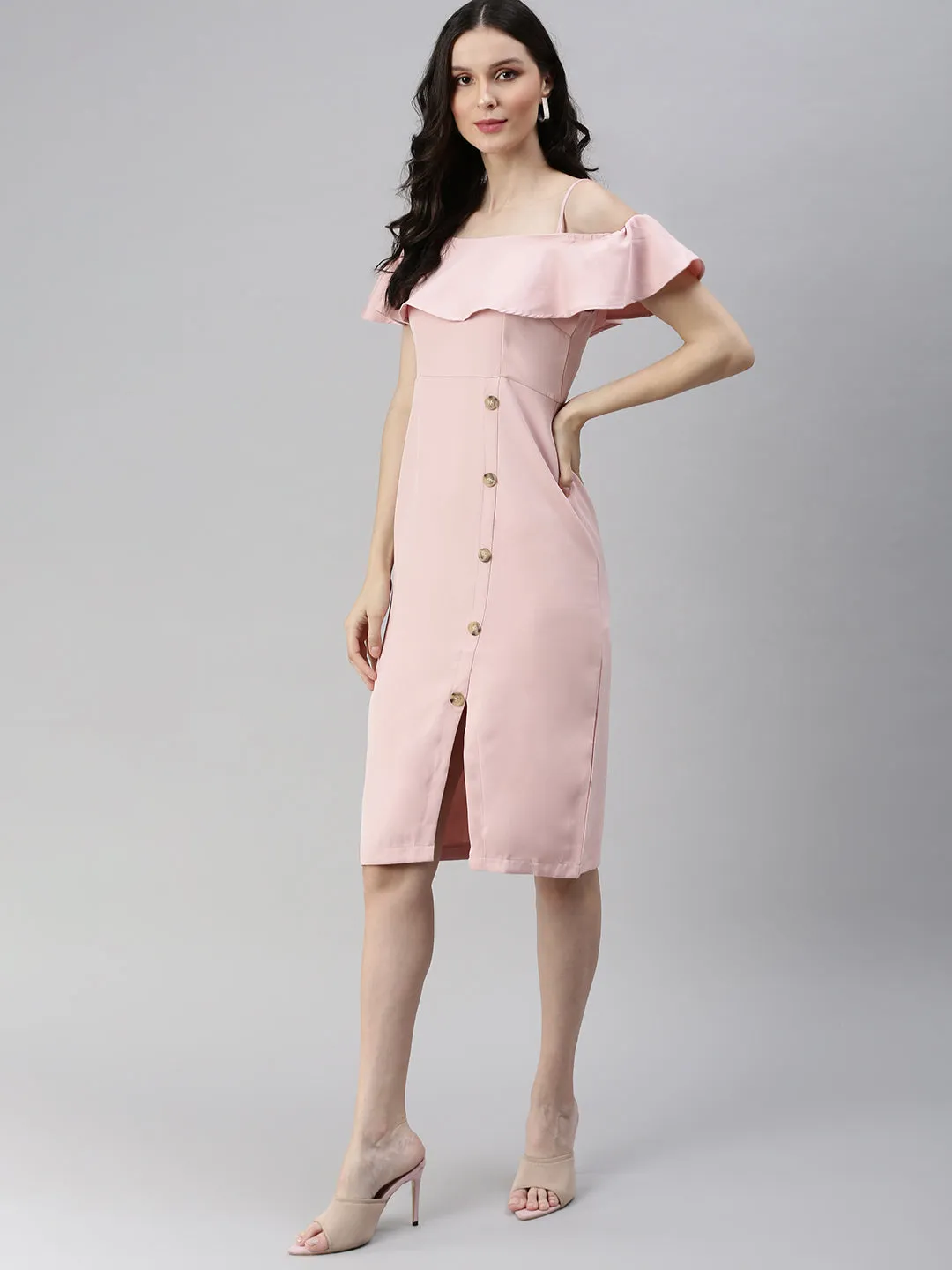 Women Off-Shoulder Solid A-Line Pink Dress