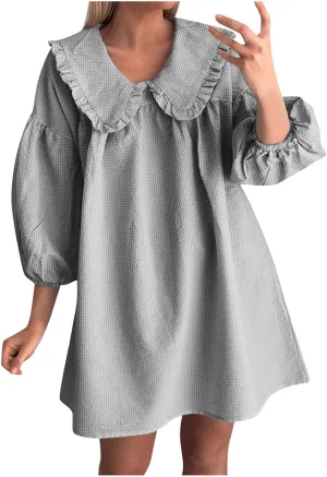 Women Oversized Smock Dresses Cute Doll Collar 3/4 Length Puff Sleeve Midi Dress Loose Comfy Beach Casual Sundress