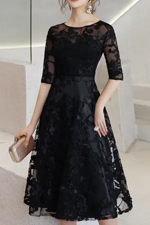 Women Round Neck Half Sleeve Solid Pattern Elegant Evening Party Dress-WEPD84609