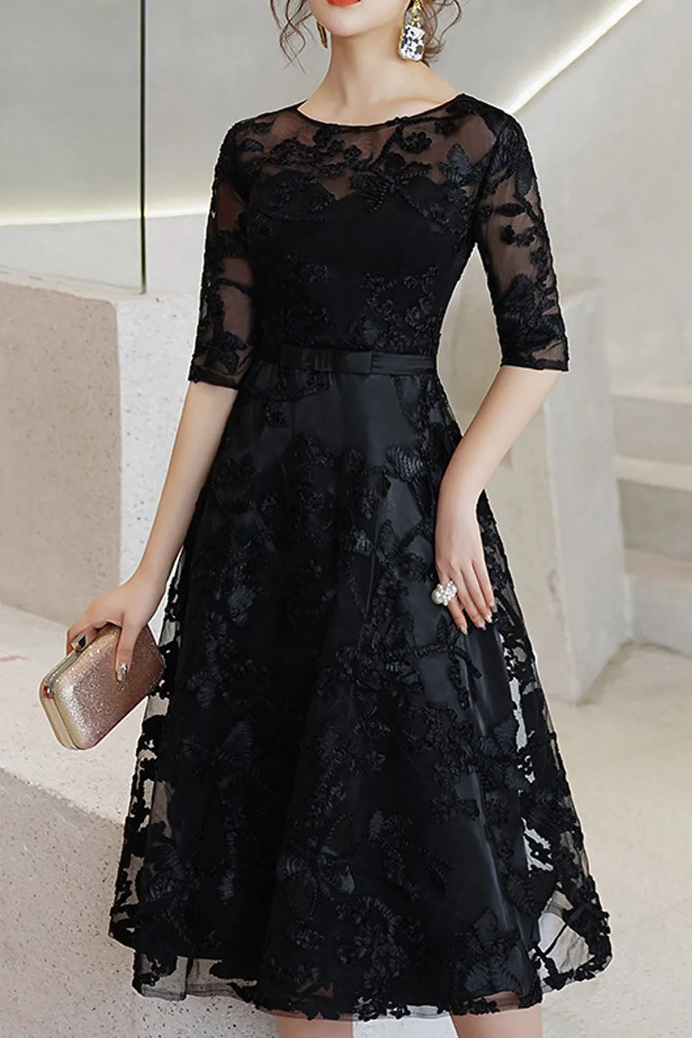 Women Round Neck Half Sleeve Solid Pattern Elegant Evening Party Dress-WEPD84609