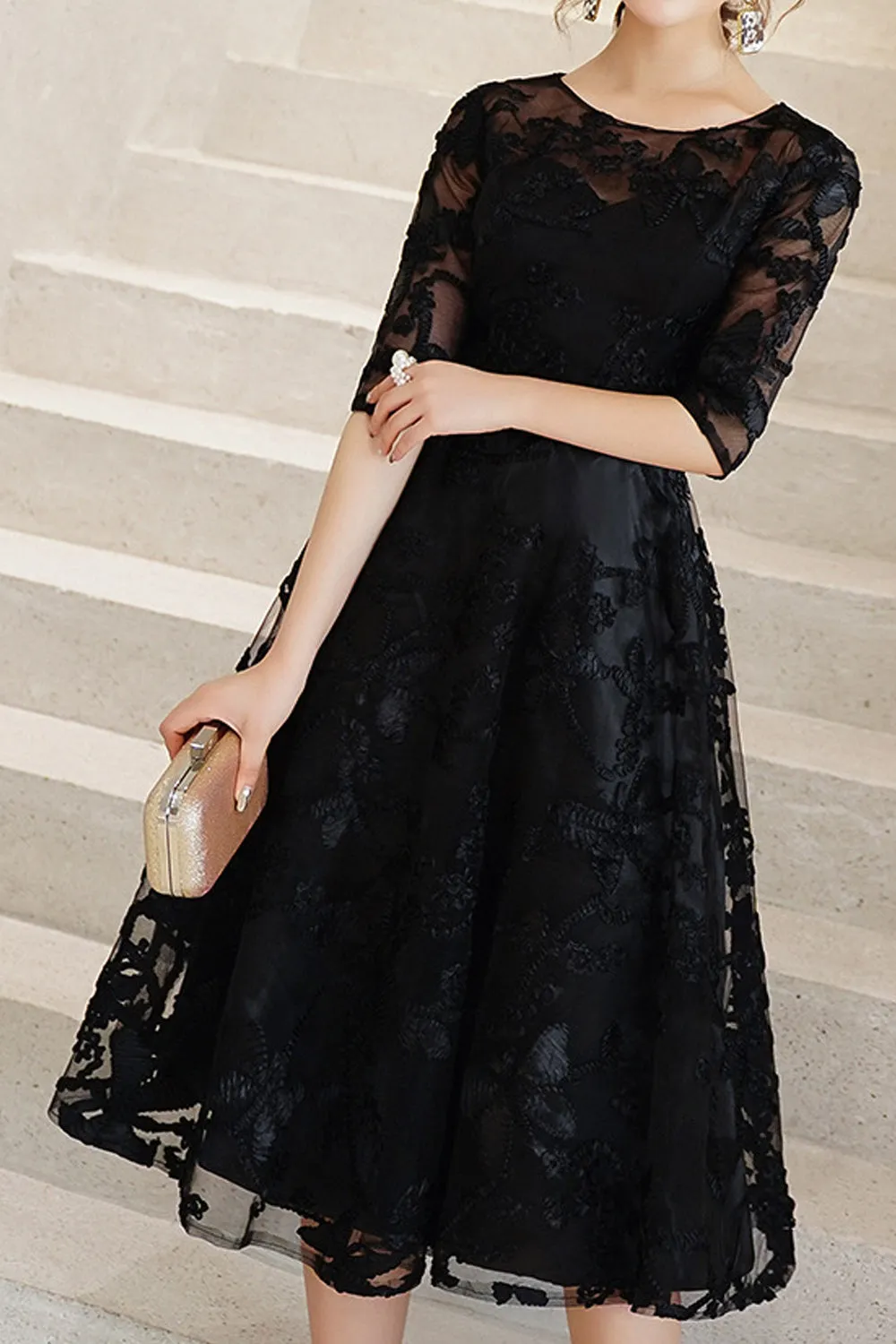 Women Round Neck Half Sleeve Solid Pattern Elegant Evening Party Dress-WEPD84609