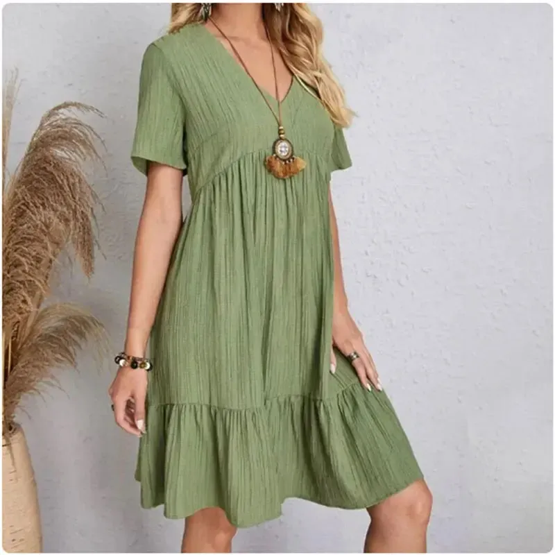Women Summer Peplum Dresses Spring V-Neck Short Sleeve Ruffle Flare Vocation Style