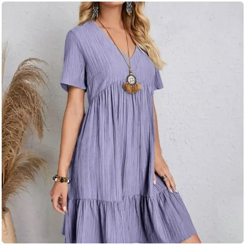 Women Summer Peplum Dresses Spring V-Neck Short Sleeve Ruffle Flare Vocation Style