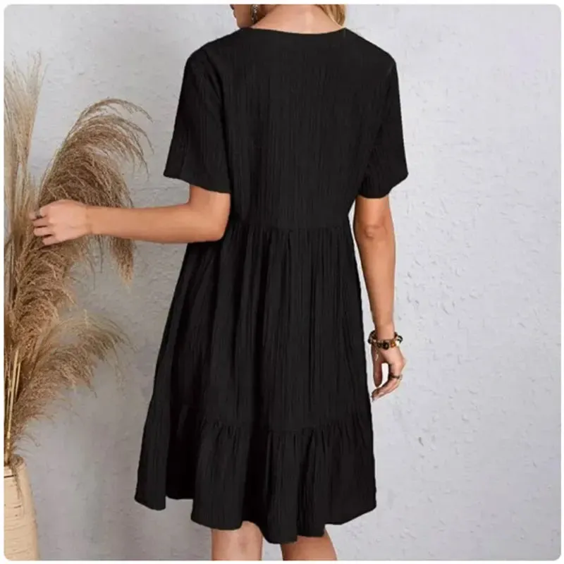 Women Summer Peplum Dresses Spring V-Neck Short Sleeve Ruffle Flare Vocation Style