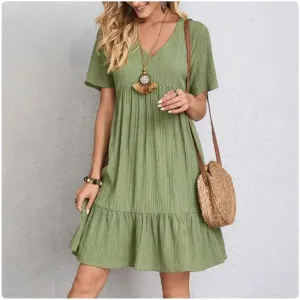 Women Summer Peplum Dresses Spring V-Neck Short Sleeve Ruffle Flare Vocation Style