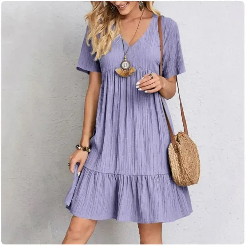 Women Summer Peplum Dresses Spring V-Neck Short Sleeve Ruffle Flare Vocation Style