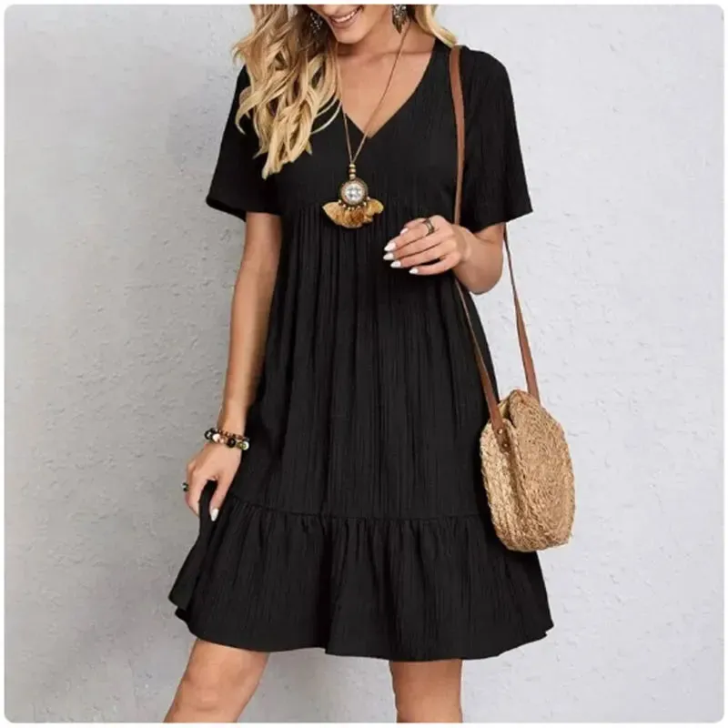 Women Summer Peplum Dresses Spring V-Neck Short Sleeve Ruffle Flare Vocation Style