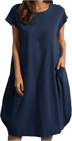 Women's Cotton Linen Dress Oversized Tunic Short Sleeve Midi Dresses Plus Size Solid Color Dress with Pockets