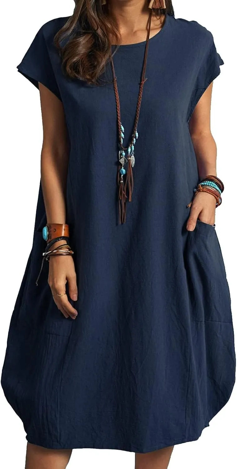 Women's Cotton Linen Dress Oversized Tunic Short Sleeve Midi Dresses Plus Size Solid Color Dress with Pockets