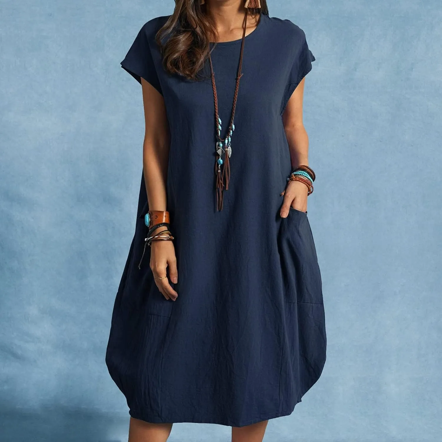 Women's Cotton Linen Dress Oversized Tunic Short Sleeve Midi Dresses Plus Size Solid Color Dress with Pockets