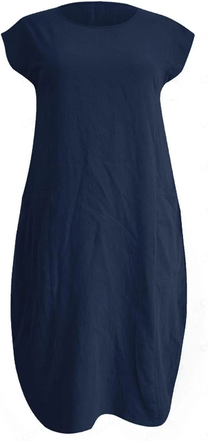 Women's Cotton Linen Dress Oversized Tunic Short Sleeve Midi Dresses Plus Size Solid Color Dress with Pockets