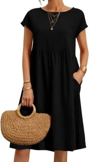 Womens Cotton Linen Dresses Crewneck Short Sleeve Midi Dress Summer A Line Flowy Beach Dresses with Pockets 2025