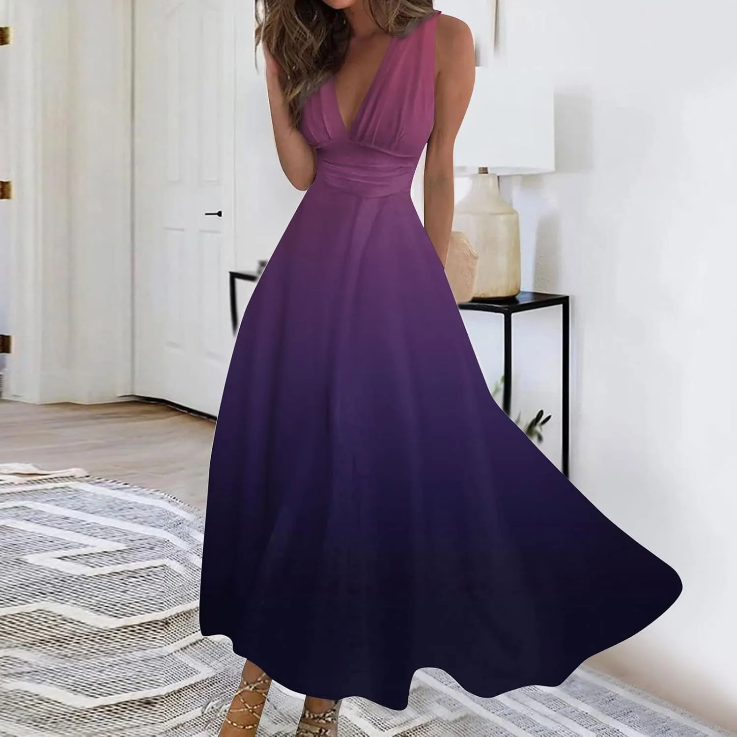 Womens Dresses Flowy Ruched Sleeveless Boho Dress Wrap V Neck Floral Print Beach Dresses Elegant Sundresses