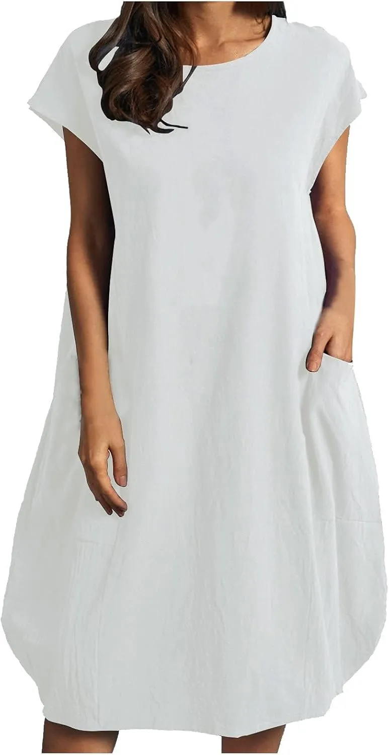 Womens Linen Dress Casual Round Neck Short Sleeve Midi Dresses Summer Loose Fit Solid Color Beach Dress with Pockets