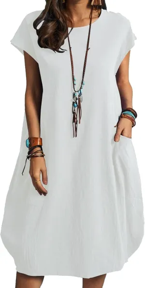 Womens Linen Dress Casual Round Neck Short Sleeve Midi Dresses Summer Loose Fit Solid Color Beach Dress with Pockets