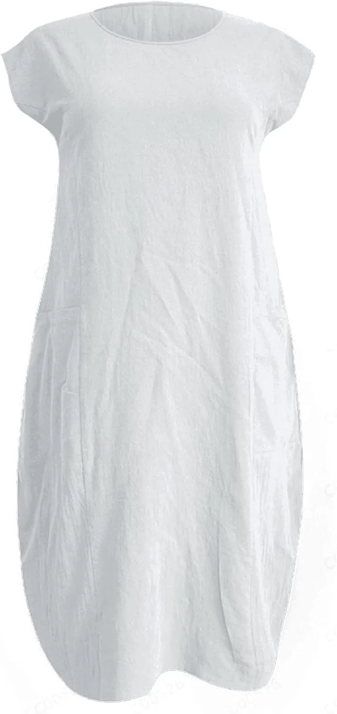 Womens Linen Dress Casual Round Neck Short Sleeve Midi Dresses Summer Loose Fit Solid Color Beach Dress with Pockets
